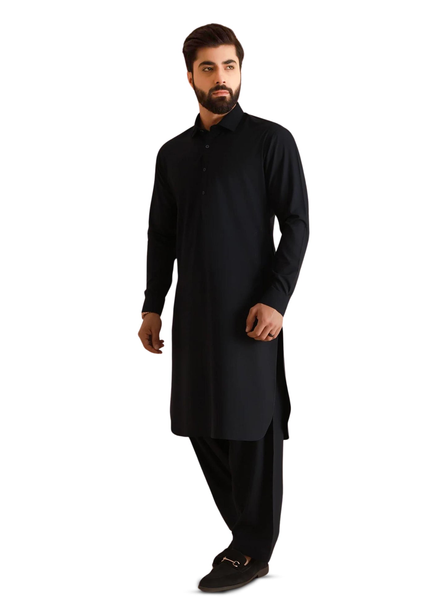 A man wearing a black traditional shalwar kameez suit Sheikh Gulzar Fabrics Attractive Suiting — full body style in premium black fabric, durable and elegant unstitched men’s shalwar kameez fabric Pakistan.