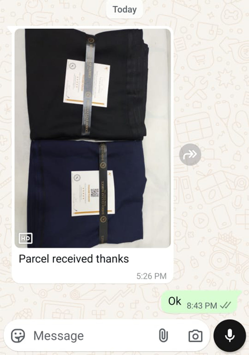 Sheikh Gulzar Fabrics customer WhatsApp review — parcel received with premium unstitched fabrics in black and navy color, high-quality wash n wear shalwar kameez fabric Pakistan testimonial