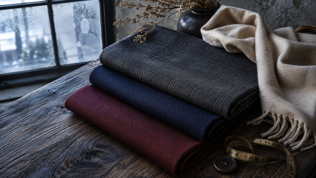 Best winter fabric for men in Pakistan 2026 — charcoal self-check, navy round weave and burgundy suiting with a lamb wool shawl by Sheikh Gulzar Fabrics, Faisalabad since 1957