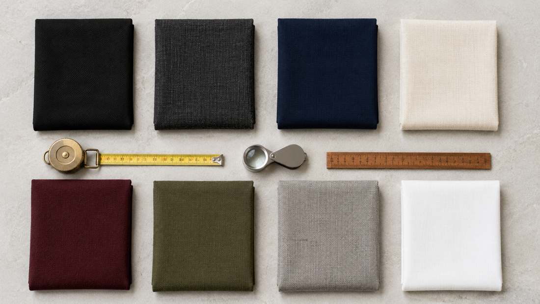 Comparison of the best men's fabric brands in Pakistan 2026 — eight premium fabric swatches with textile inspection tools, by Sheikh Gulzar Fabrics, manufacturing in Faisalabad since 1957