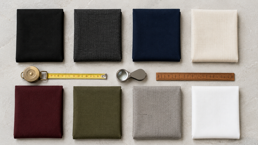 Comparison of the best men's fabric brands in Pakistan 2026 — eight premium fabric swatches with textile inspection tools, by Sheikh Gulzar Fabrics, manufacturing in Faisalabad since 1957