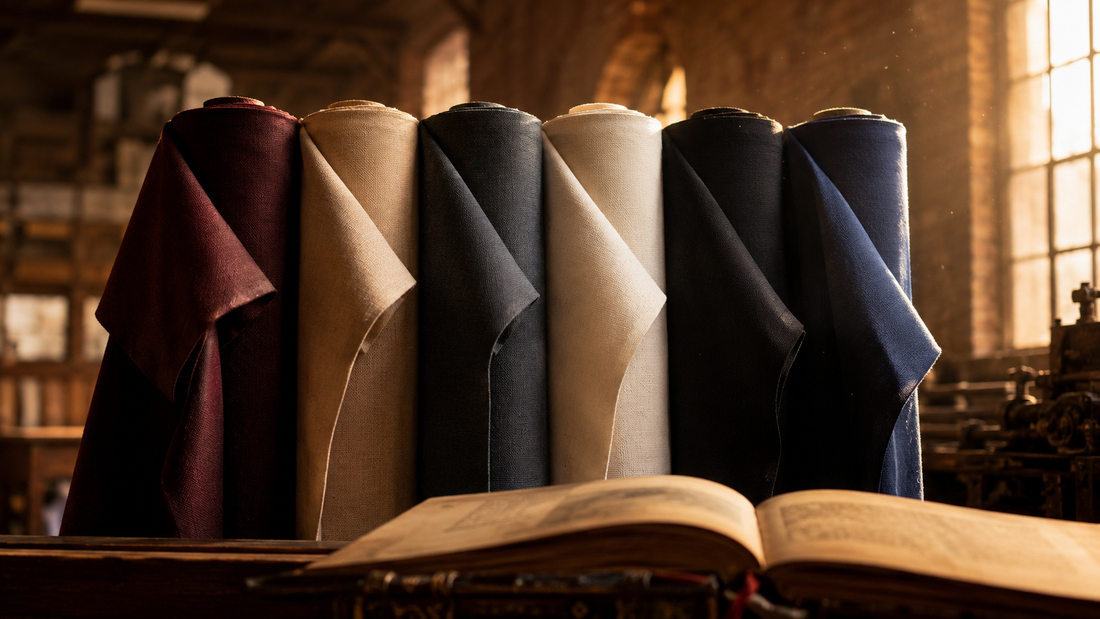 DASTAAN Volume IV by Sheikh Gulzar Fabrics — six premium men's unstitched fabrics in black, navy, charcoal, off-white, Boski and burgundy, crafted in Faisalabad since 1957