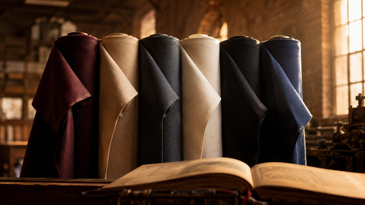 DASTAAN Volume IV by Sheikh Gulzar Fabrics — six premium men's unstitched fabrics in black, navy, charcoal, off-white, Boski and burgundy, crafted in Faisalabad since 1957