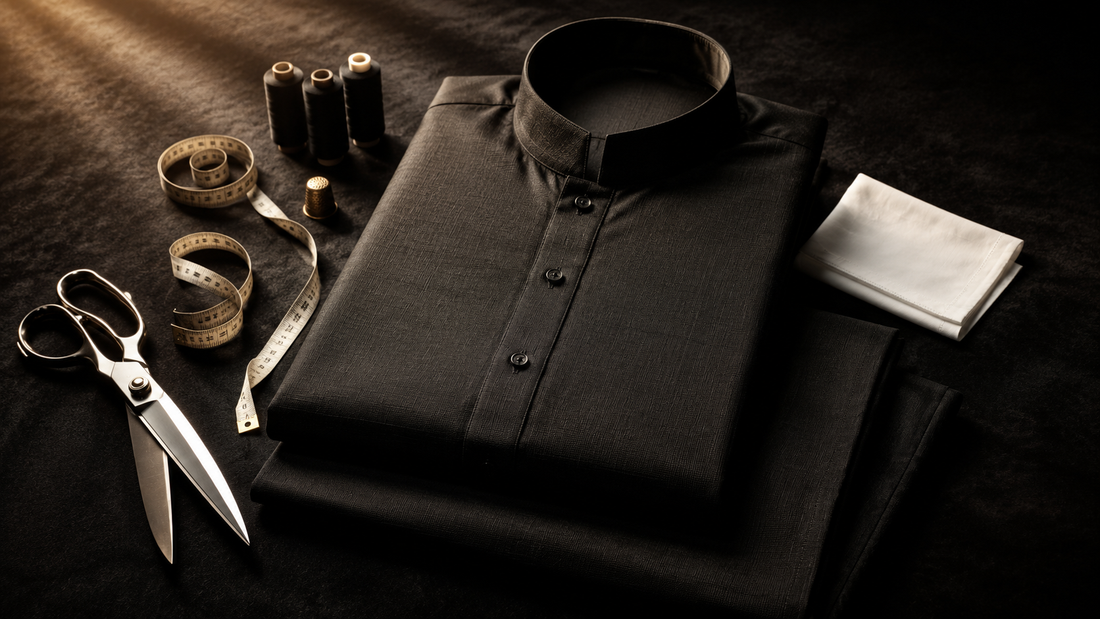 Bespoke stitched black shalwar kameez by SGF Stitching House — Pakistan's finest tailored men's suit, crafted from premium fabric manufactured since 1957 in Faisalabad