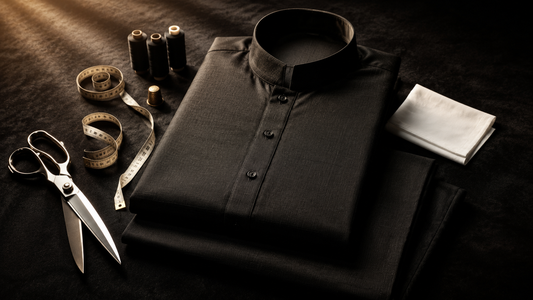 Bespoke stitched black shalwar kameez by SGF Stitching House — Pakistan's finest tailored men's suit, crafted from premium fabric manufactured since 1957 in Faisalabad
