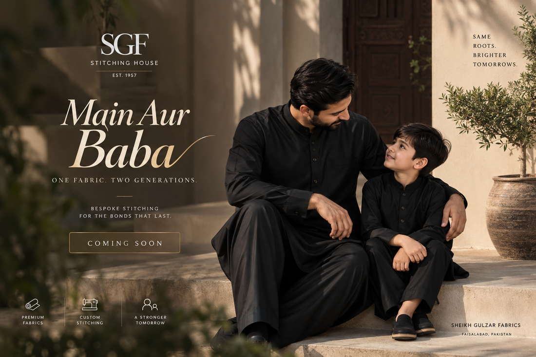 Father and son wearing matching black shalwar kameez for Main Aur Baba by SGF Stitching House in Pakistan