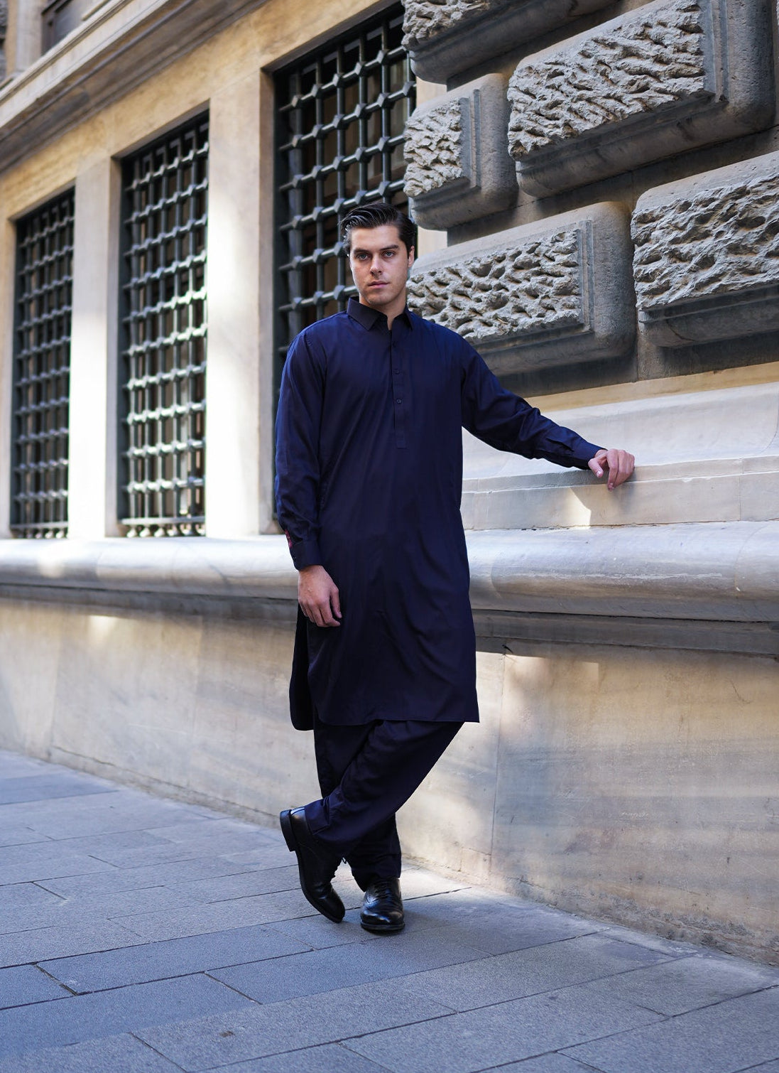Navy blue men's fabric styled with a grey waistcoat for office and formal wear