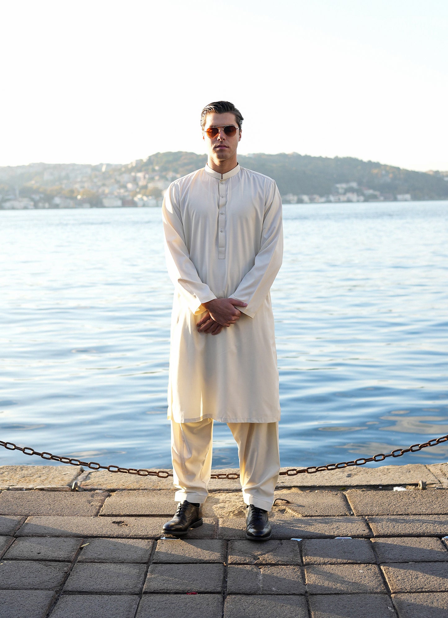 Shah Nawab cream-golden Boski colour men's unstitched fabric, DASTAAN Volume IV by SGF