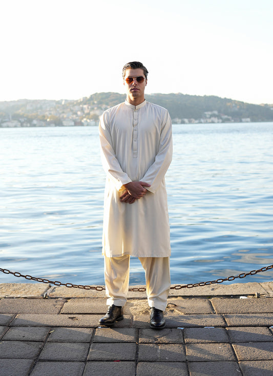 Shah Nawab cream-golden Boski colour men's unstitched fabric, DASTAAN Volume IV by SGF