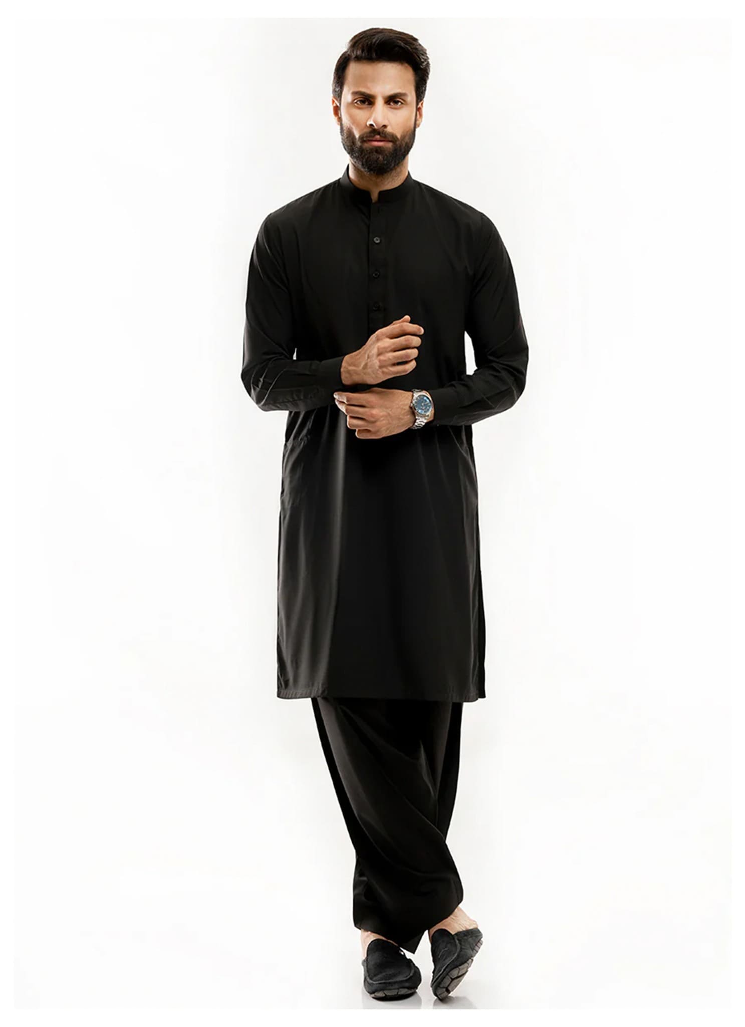 BoskeyBloom™ Black Edition by SGF — full body model in premium black boskey finish fabric, elegant unstitched men’s shalwar kameez fabric Pakistan.