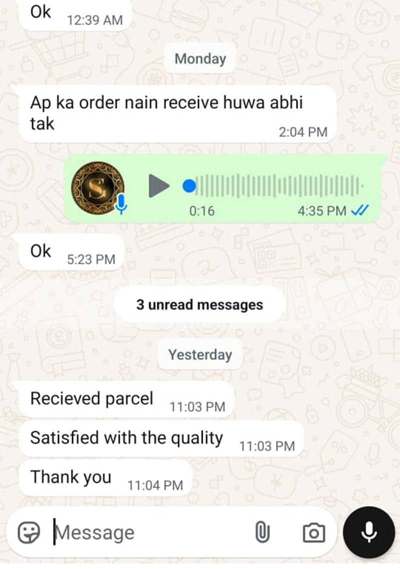 Sheikh Gulzar Fabrics customer WhatsApp feedback screenshot — parcel received, satisfied with fabric quality, positive review and thank you message for premium men’s unstitched fabric in Pakistan