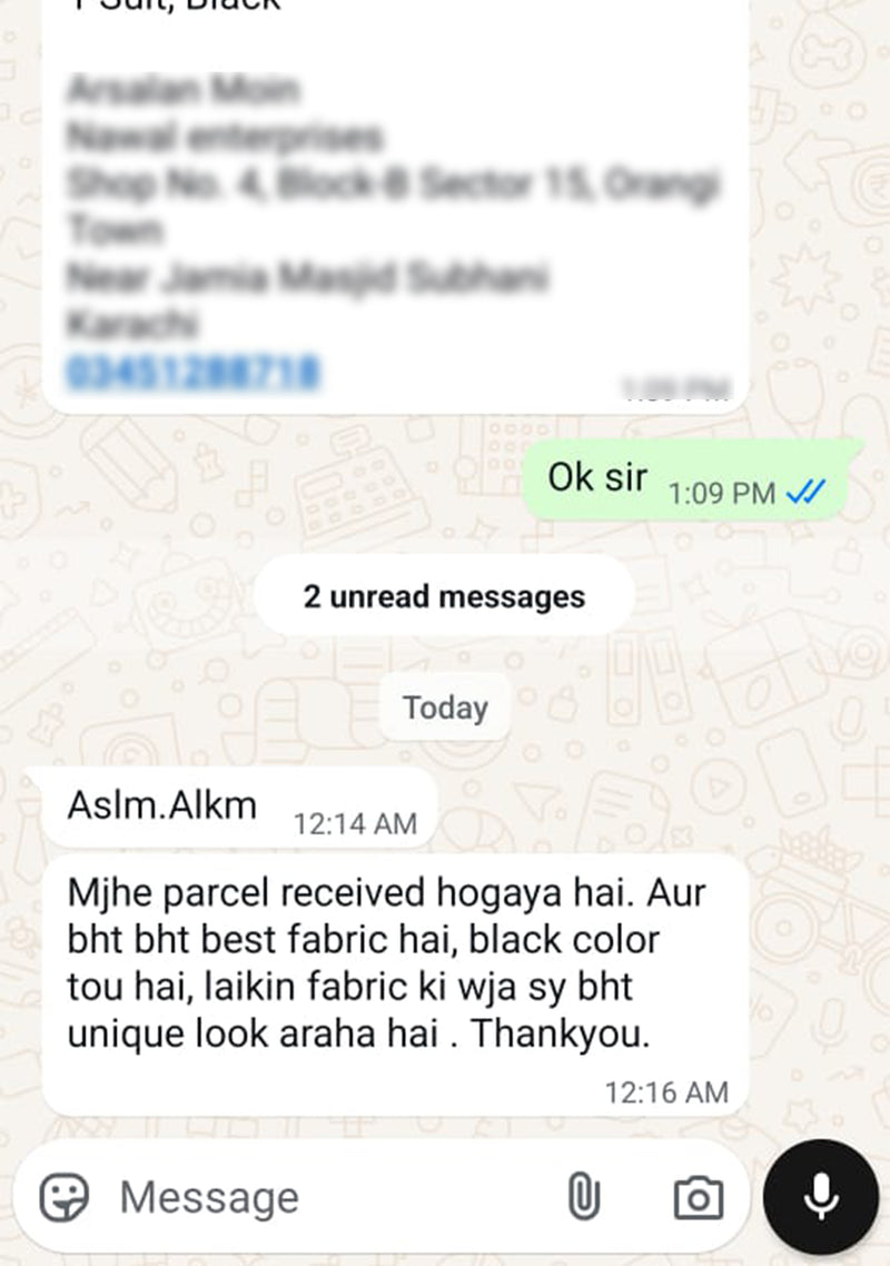 Sheikh Gulzar Fabrics customer review WhatsApp screenshot — black fabric parcel received, customer praises fabric quality, unique look, and best premium fabric in Pakistan testimonial