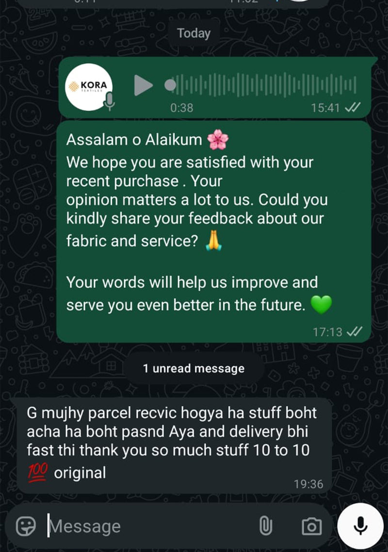 Customer testimonial for Sheikh Gulzar Fabrics — black fabric order received, satisfied with material quality, premium men’s fabric Pakistan review.
