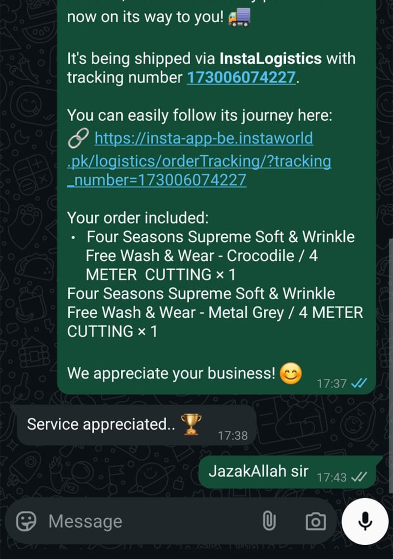 Sheikh Gulzar Fabrics testimonial WhatsApp screenshot — black and navy fabric parcel received, high-quality unstitched men’s fabric Pakistan.