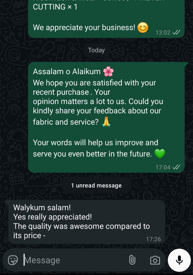 Sheikh Gulzar Fabrics WhatsApp review — black and navy fabric delivered, premium unstitched men’s fabric parcel received Pakistan testimonial.