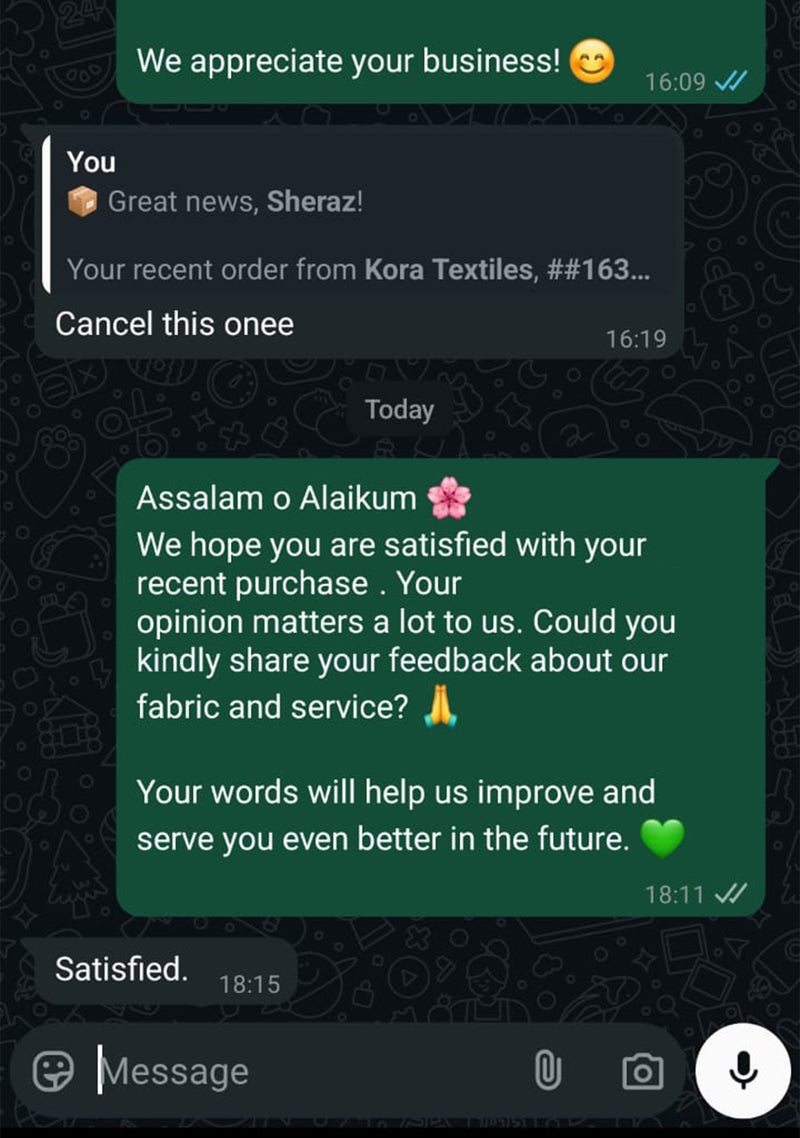 WhatsApp screenshot — Sheikh Gulzar Fabrics customer feedback, satisfied with order, premium men’s wash n wear fabric in Pakistan.