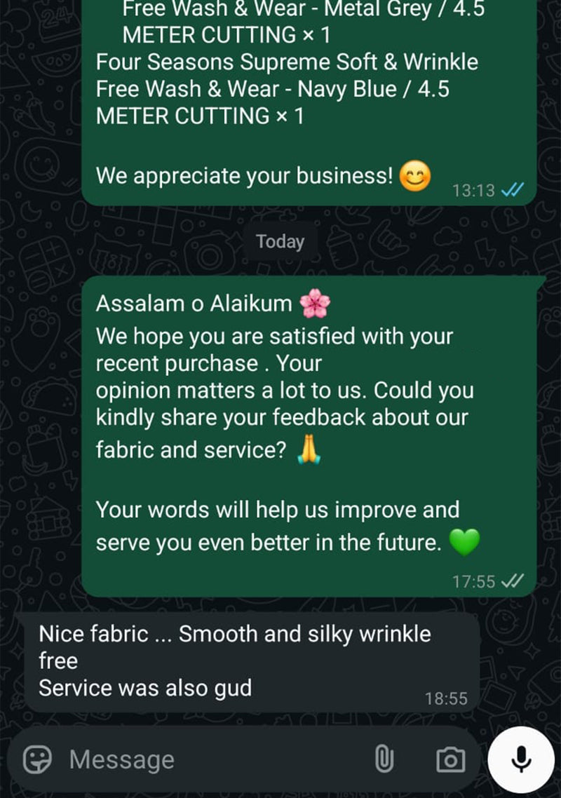 WhatsApp screenshot customer testimonial for Sheikh Gulzar Fabrics — fabric quality praised, order received, premium Pakistani men’s unstitched fabrics.