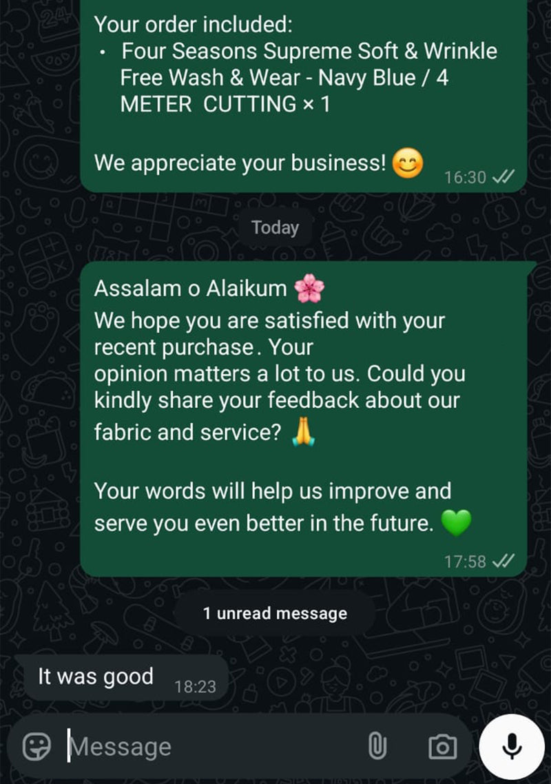 Sheikh Gulzar Fabrics WhatsApp feedback screenshot — navy blue wash n wear fabric parcel received, customer praises unique quality Pakistan.