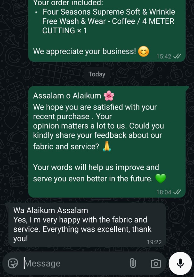 Customer testimonial screenshot for Sheikh Gulzar Fabrics — navy blue fabric parcel received, satisfied with unstitched fabric quality Pakistan.