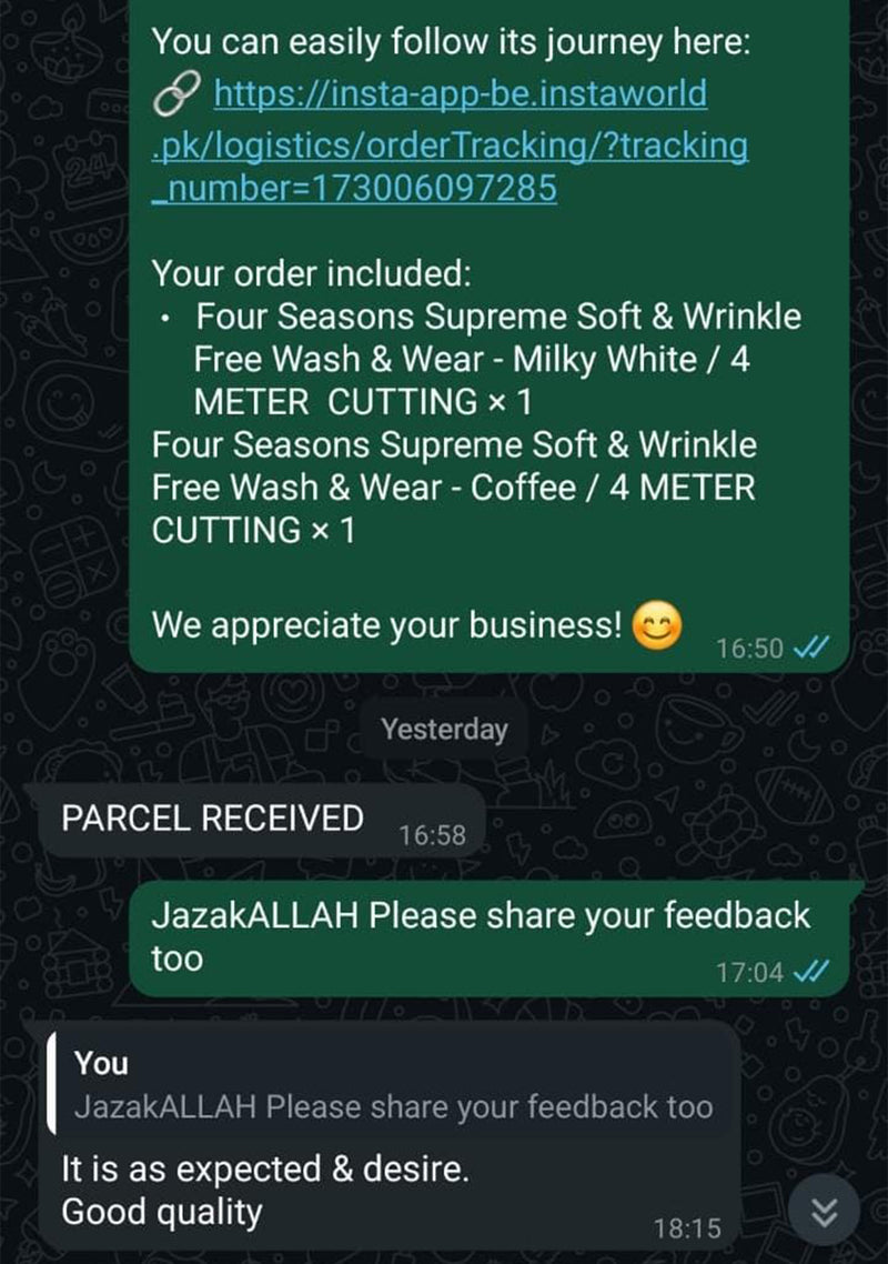 Customer WhatsApp feedback for Sheikh Gulzar Fabrics — premium fabric parcel received, satisfied with men’s shalwar kameez material Pakistan.