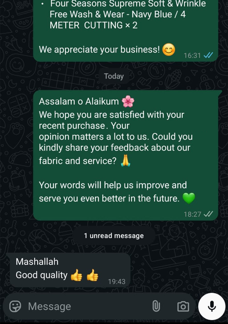 Sheikh Gulzar Fabrics customer feedback WhatsApp — parcel delivered, fabric quality highly appreciated, premium wash n wear fabric Pakistan.