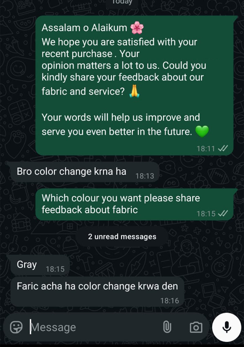 Sheikh Gulzar Fabrics WhatsApp customer feedback — satisfied with fabric quality and delivery, premium men’s unstitched fabric in Pakistan.