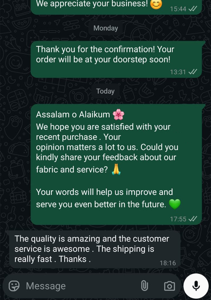WhatsApp review for Sheikh Gulzar Fabrics — wash n wear unstitched fabric parcel received, customer satisfied with quality Pakistan.