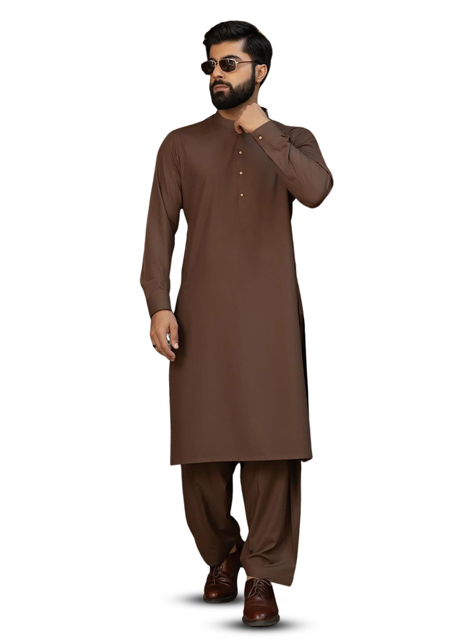 Sheikh Gulzar Fabrics Dark Side — premium chocolate shade wash n wear fabric styled on model, affordable luxury men’s shalwar kameez fabric Pakistan.