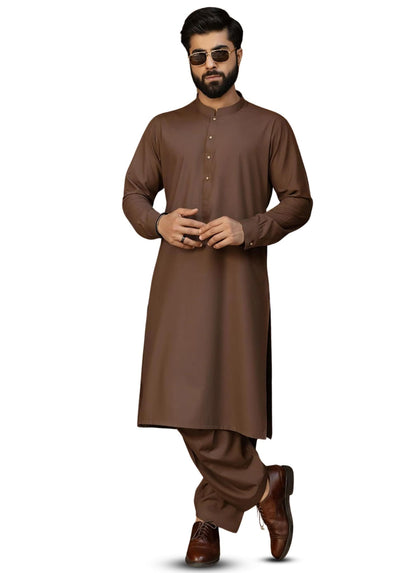 Dark Side fabric by SGF — chocolate wash n wear outfit side view, premium yet affordable men’s fabric Pakistan.