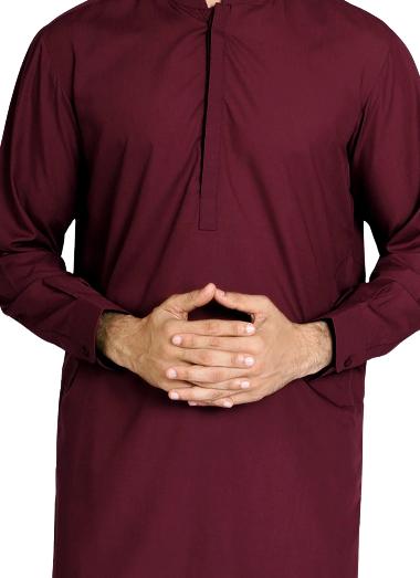 Narkins Blended fabric by SGF — close-up of cherry red unstitched outfit, premium men’s shalwar kameez fabric Pakistan.