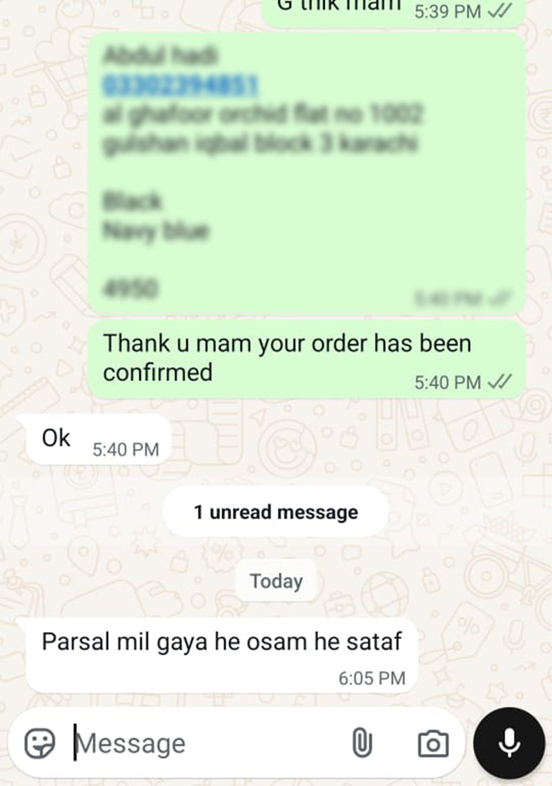 Sheikh Gulzar Fabrics WhatsApp order confirmation and customer feedback — black and navy blue unstitched fabric parcel received in Karachi, customer praises fabric as awesome quality testimonial Pakistan