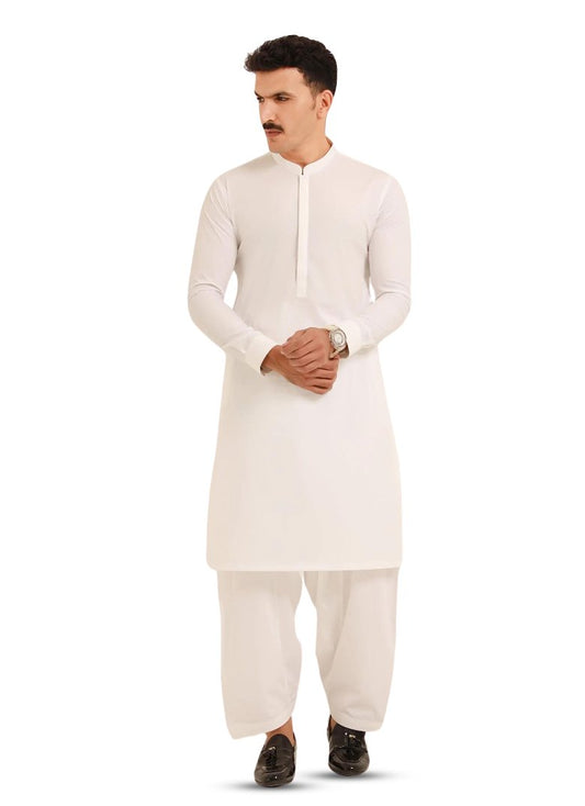 Sheikh Gulzar Fabrics Paper Cotton — premium Egyptian cotton off-white fabric styled on model, luxury men’s shalwar kameez fabric Pakistan.