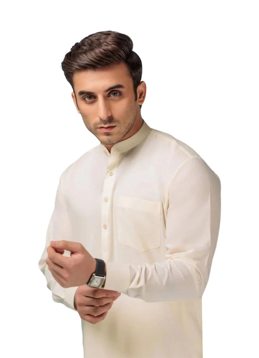 Sheikh Gulzar Fabrics Royal Suiting Elixir Finished — premium cream wash n wear fabric styled on model, luxury men’s shalwar kameez fabric Pakistan.