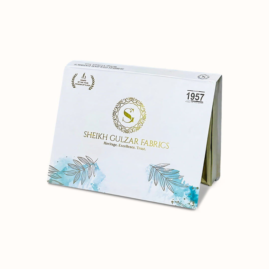 Sheikh Gulzar Fabrics X White — premium white unstitched fabric with SGF branded luxury packaging, high-quality men’s shalwar kameez fabric Pakistan.